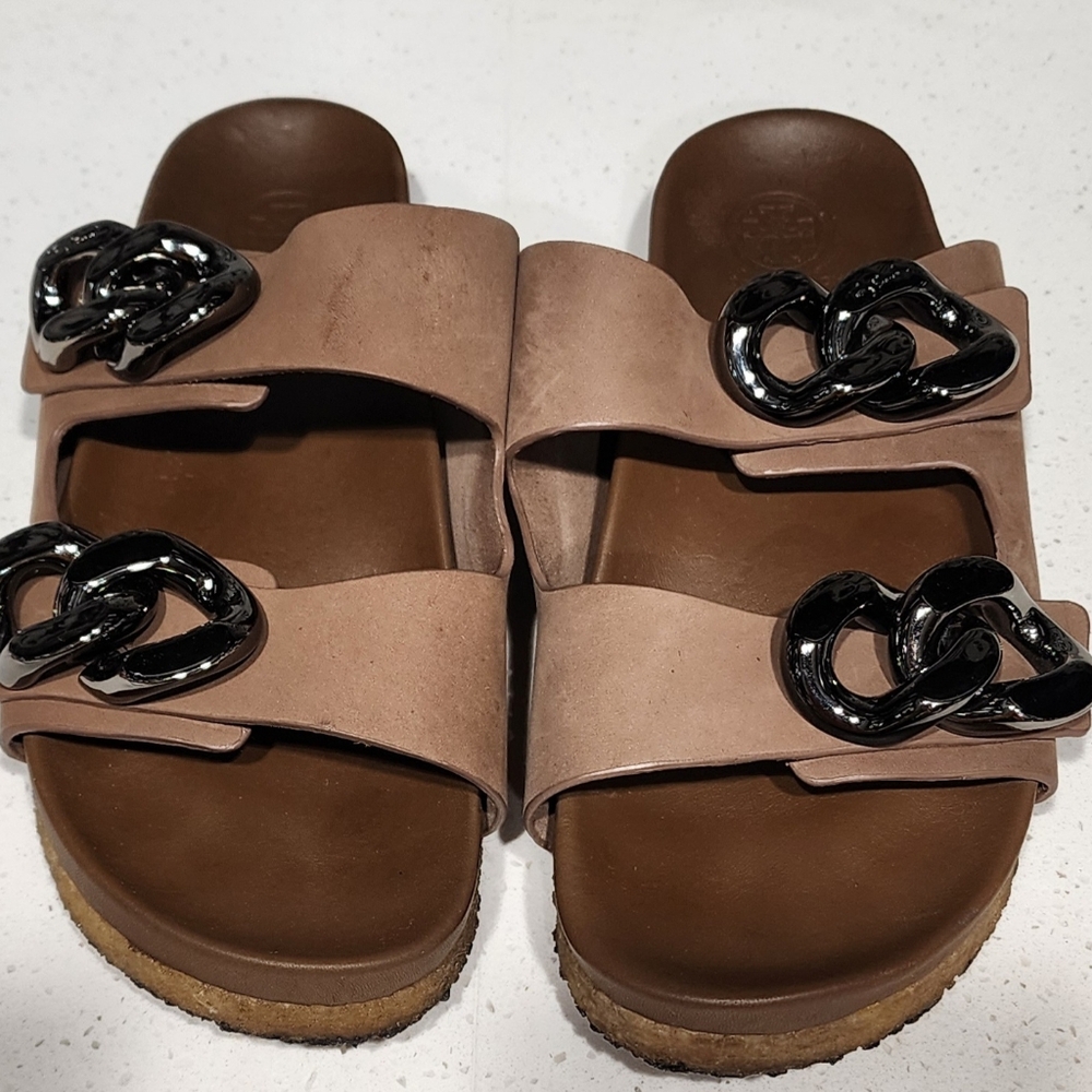 TORY BURCH Brown Adrien 2 Band Flat Chain Slides,Suede & Calf Leather 7M Ex Con